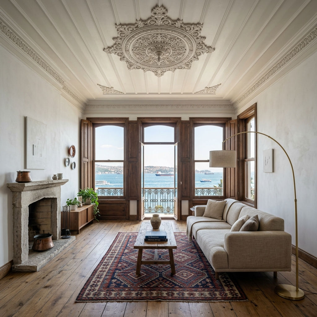 Living room — restored ceiling medallion, kilim, Bosphorus view