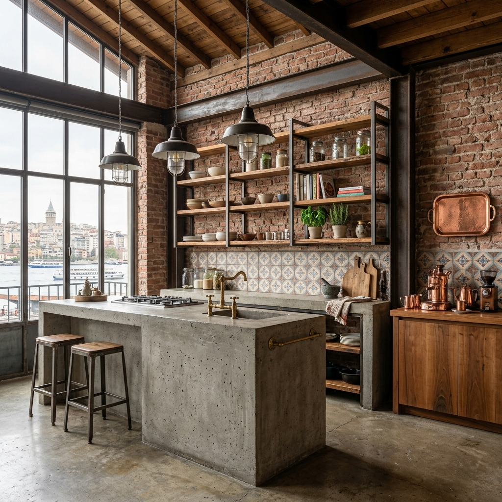 Open kitchen with concrete island and brass fixtures