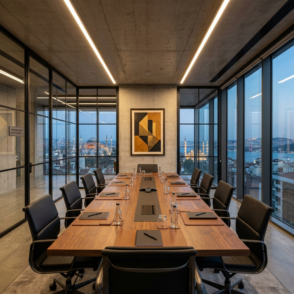 Executive meeting room — walnut table, concrete ceiling, Istanbul skyline
