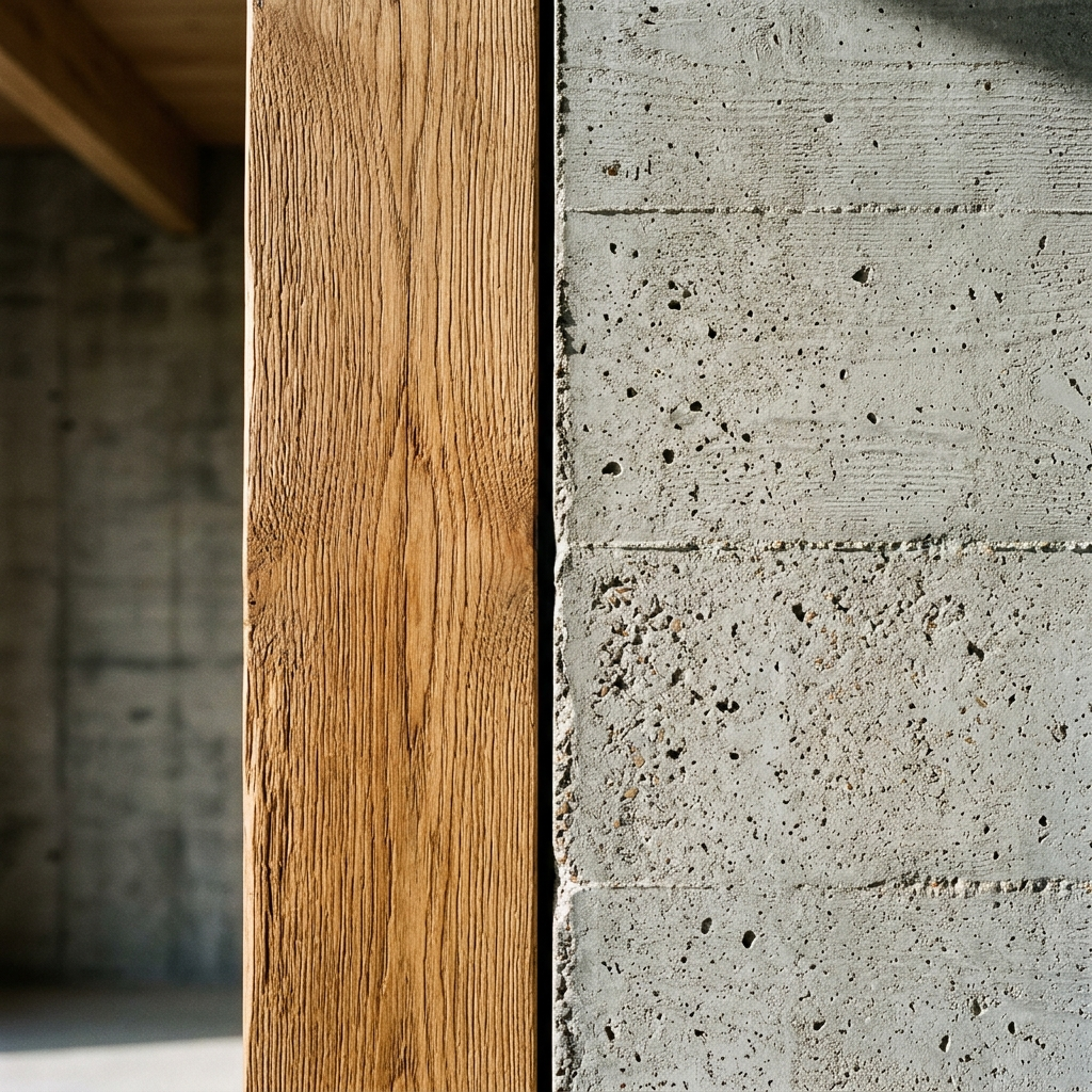 Material junction detail — natural oak timber grain meeting raw cast concrete