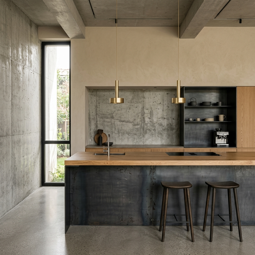 Villa Çamlıca kitchen — blackened steel island with natural oak countertop and cast concrete walls