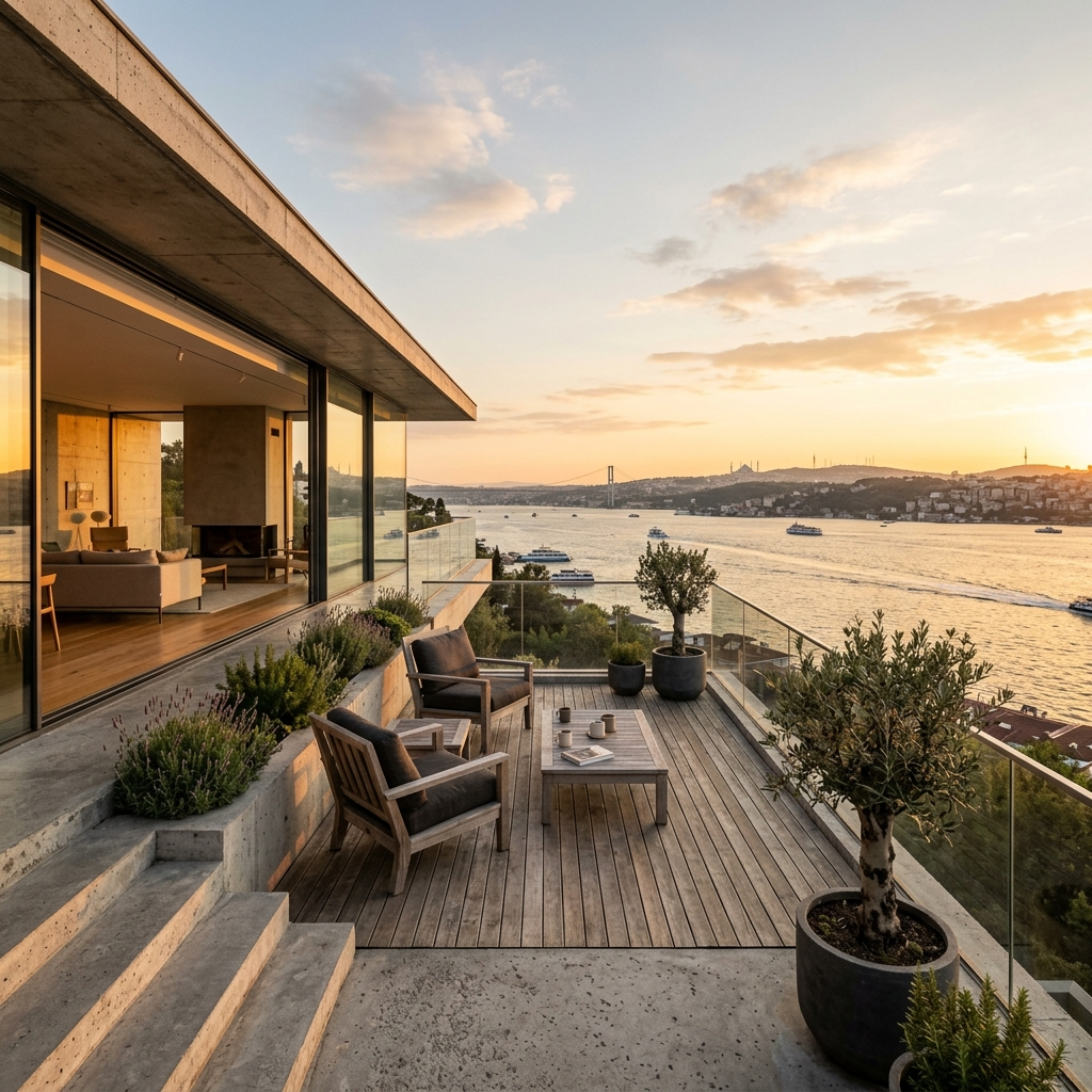 Villa Çamlıca terrace — teak deck overlooking the Bosphorus at golden hour